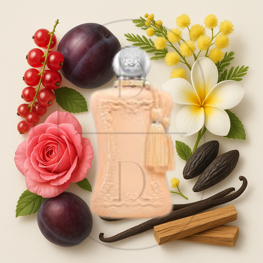 Parfums de Marly Cassili perfume bottle surrounded by top, middle, and bottom fragrance notes on a light background. Affordable samples delivered from Greenville, SC. 