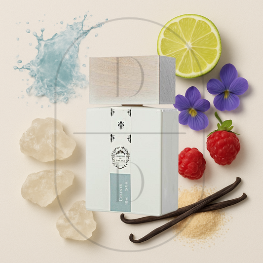 Giardini di Toscana Celeste perfume bottle surrounded by top, middle, and bottom fragrance notes on a light background. Affordable samples delivered from Greenville, SC. 