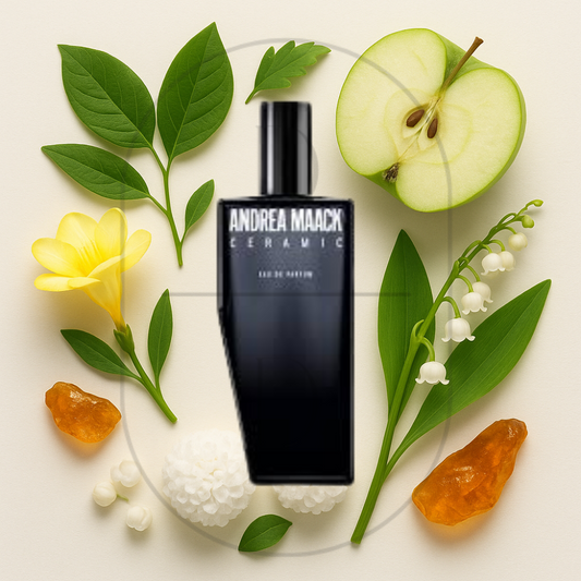 Andrea Maack Ceramic perfume bottle surrounded by top, middle, and bottom fragrance notes on a light background. Affordable samples delivered from Greenville, SC. 