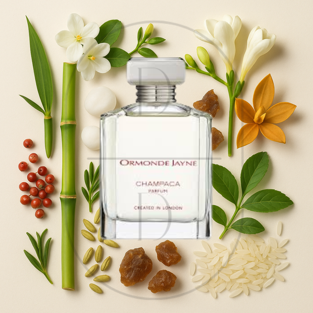 Ormonde Jayne Champaca perfume bottle surrounded by top, middle, and bottom fragrance notes on a light background. Affordable samples delivered from Greenville, SC. 