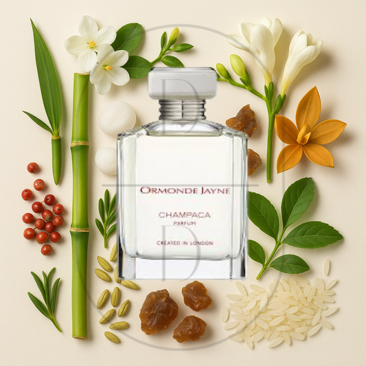Ormonde Jayne Champaca perfume bottle surrounded by top, middle, and bottom fragrance notes on a light background. Affordable samples delivered from Greenville, SC. 