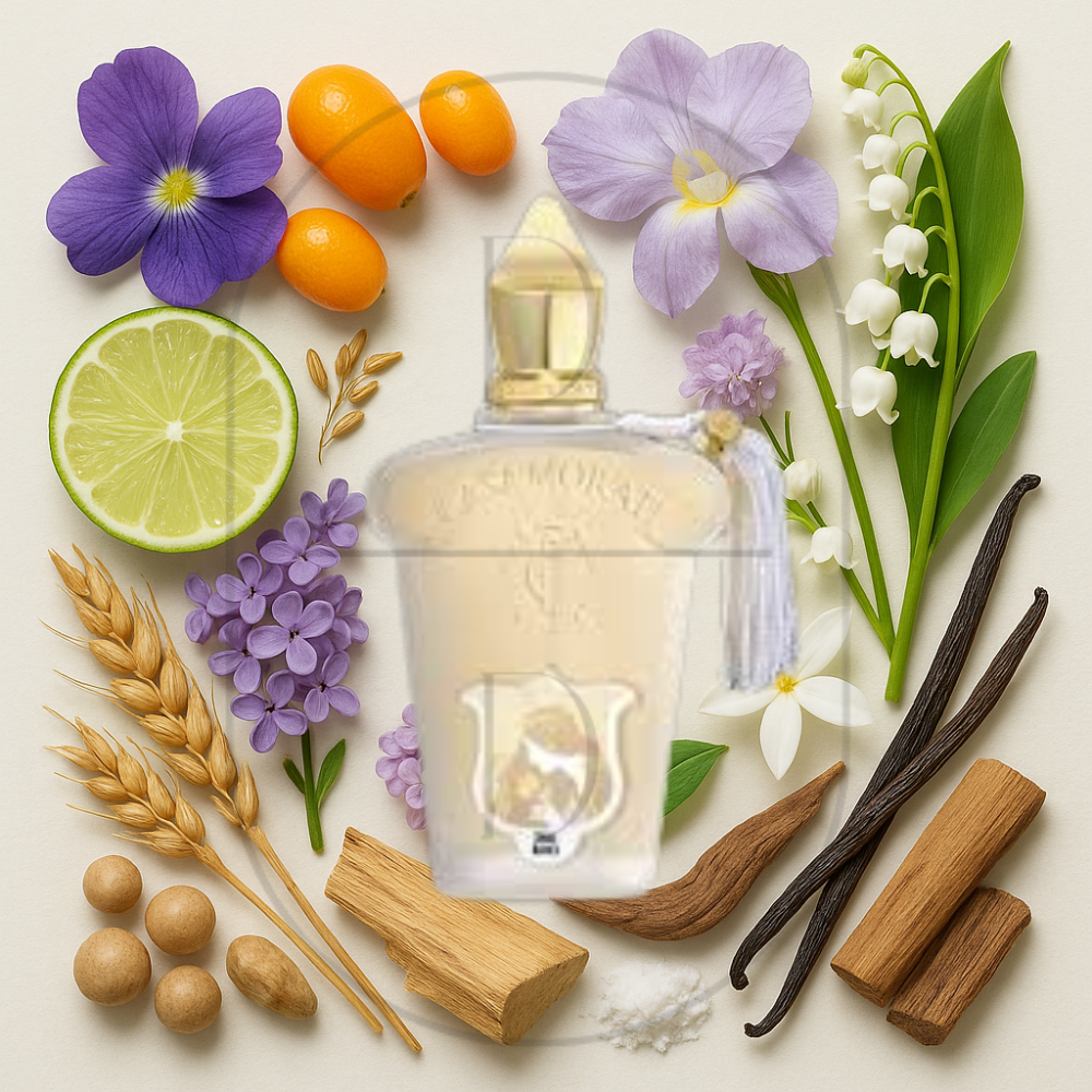 Xerjoff Casamorati Dama Bianca perfume bottle surrounded by top, middle, and bottom fragrance notes on a light background. Affordable samples delivered from Greenville, SC. 