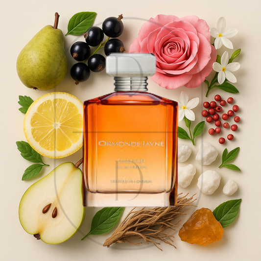 Ormonde Jayne Damask perfume bottle surrounded by top, middle, and bottom fragrance notes on a light background. Affordable samples delivered from Greenville, SC. 