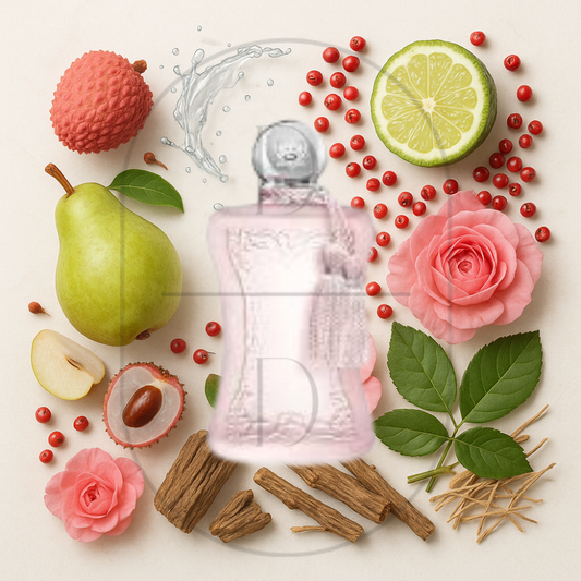 Delina la Rosee by Parfums de Marly surrounded by fruits and florals.
