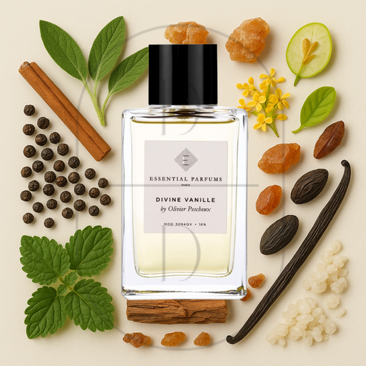 Essential Parfums Divine Vanille perfume bottle surrounded by top, middle, and bottom fragrance notes on a light background. Affordable samples delivered from Greenville, SC. 