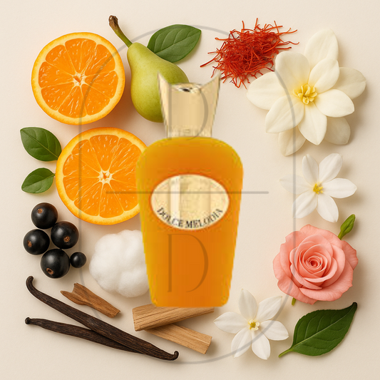 Sospiro Dolce Melodia perfume bottle surrounded by top, middle, and bottom fragrance notes on a light background. Affordable samples delivered from Greenville, SC. 