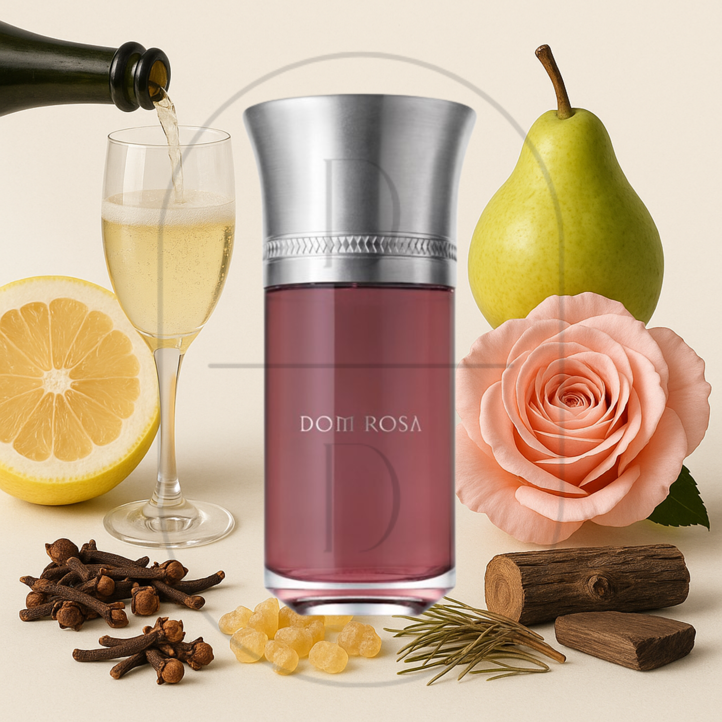 Dom Rosa by Les Liquides Imaginaires perfume bottle surrounded by top, middle, and bottom fragrance notes on a light background. Affordable samples delivered from Greenville, SC. 