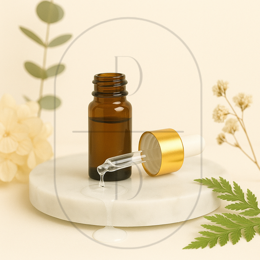 3 ml amber glass dropper bottle with gold cap on a white marble base, surrounded by green leaves and flowers.