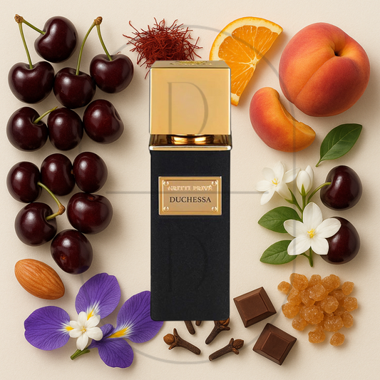 Gritti Duchessa perfume bottle surrounded by top, middle, and bottom fragrance notes on a light background. Affordable samples delivered from Greenville, SC. 