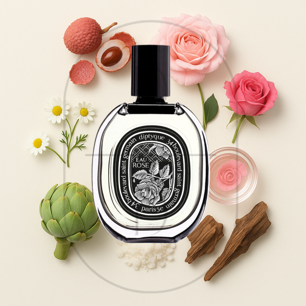 Diptyque Eau Rose EDP perfume bottle surrounded by top, middle, and bottom fragrance notes on a light background. Affordable samples delivered from Greenville, SC. 