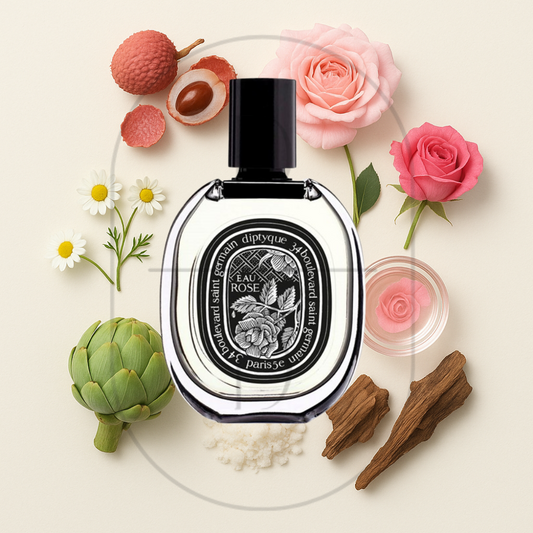 Diptyque Eau Rose EDP perfume bottle surrounded by top, middle, and bottom fragrance notes on a light background. Affordable samples delivered from Greenville, SC. 