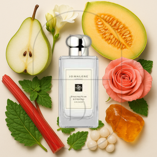 English Pear & Freesia by Jo Malone London perfume bottle surrounded by top, middle, and bottom fragrance notes on a light background. Affordable samples delivered from Greenville, SC. 