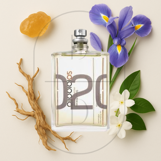 Escentric 02 by Escentric Molecules perfume bottle surrounded by top, middle, and bottom fragrance notes on a light background. Affordable samples delivered from Greenville, SC. 