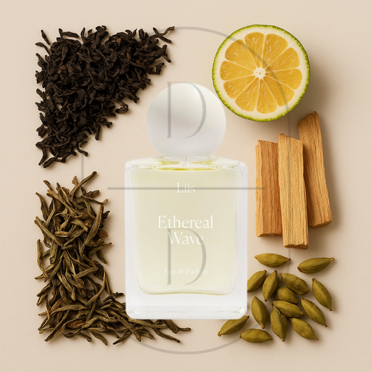 Ethereal Wave by Liis perfume bottle surrounded by top, middle, and bottom fragrance notes on a light background. Affordable samples delivered from Greenville, SC. 
