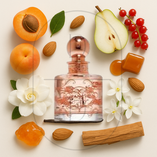 Jessica Simpson Fancy perfume bottle surrounded by top, middle, and bottom fragrance notes on a light background. Affordable samples delivered from Greenville, SC. 