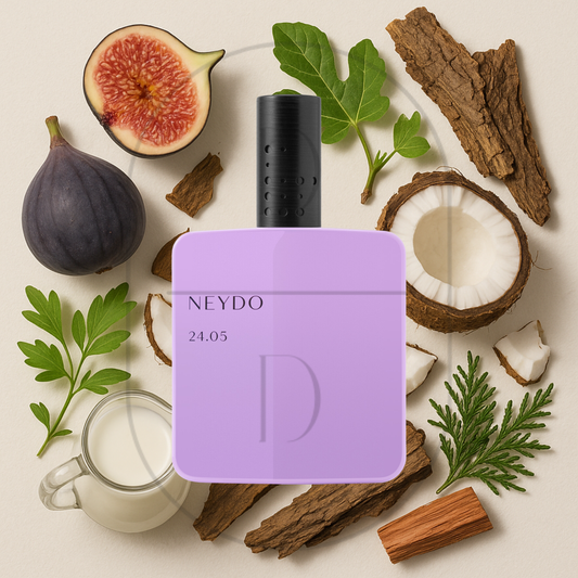 Neydo Fiery Fig 24.05 perfume bottle surrounded by top, middle, and bottom fragrance notes on a light background. Affordable samples delivered from Greenville, SC. 