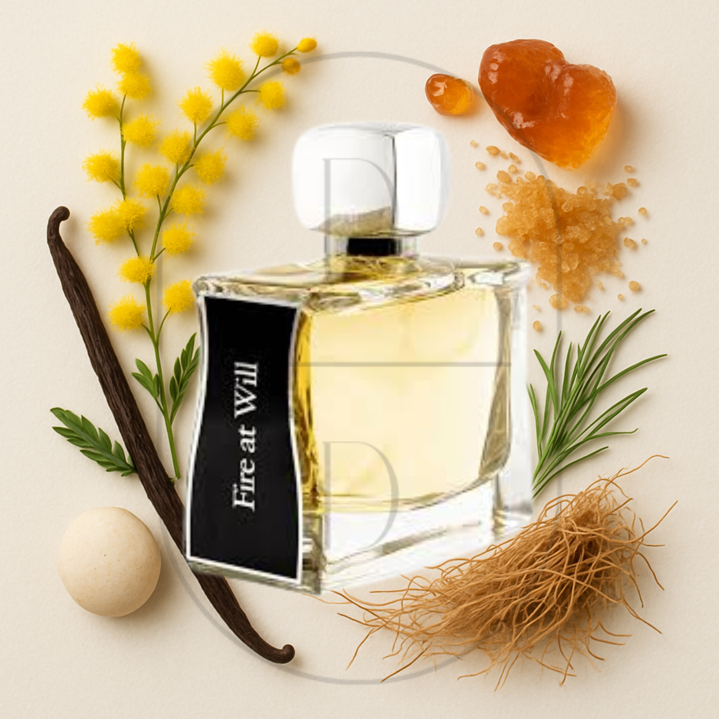 Jovoy Paris Fire at Will perfume bottle surrounded by top, middle, and bottom fragrance notes on a light background. Affordable samples delivered from Greenville, SC. 