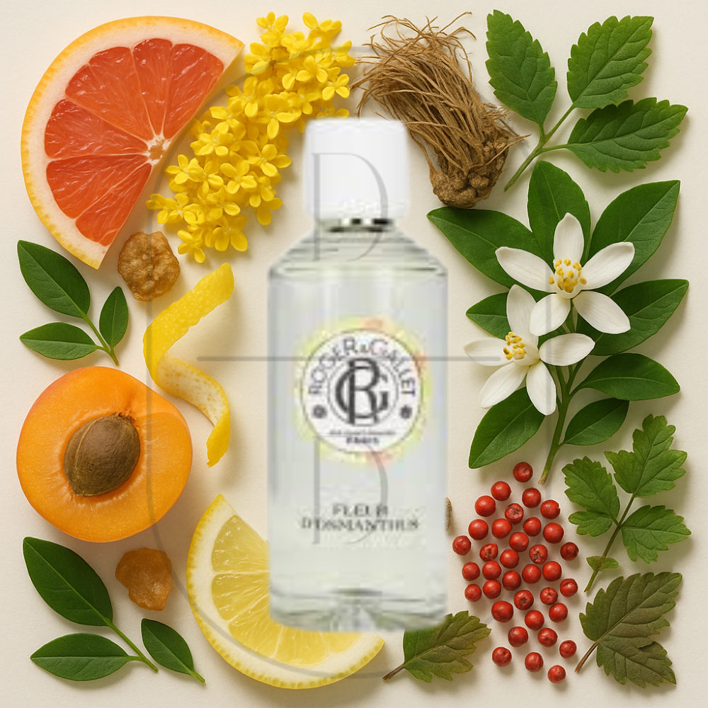 Roger & Gallet Fleur d'Osmanthus perfume bottle surrounded by top, middle, and bottom fragrance notes on a light background. Affordable samples delivered from Greenville, SC. 