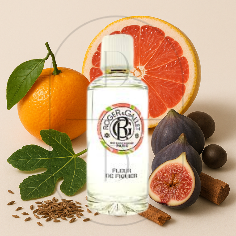 Roger & Gallet Fleur de Figuier perfume bottle surrounded by top, middle, and bottom fragrance notes on a light background. Affordable samples delivered from Greenville, SC. 