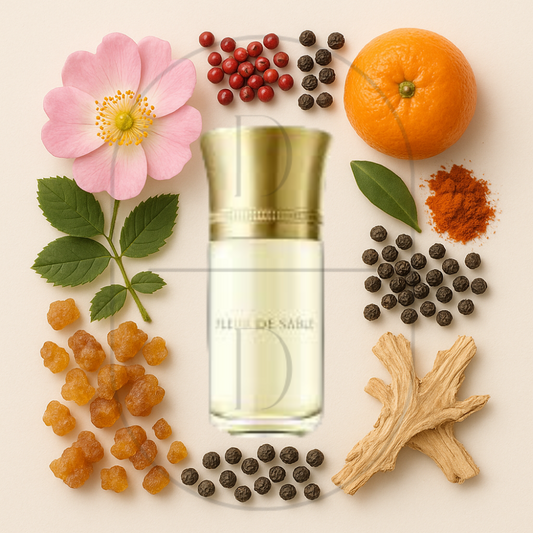 Les Liquides Imaginaires Fleur de Sable perfume bottle surrounded by top, middle, and bottom fragrance notes on a light background. Affordable samples delivered from Greenville, SC. 