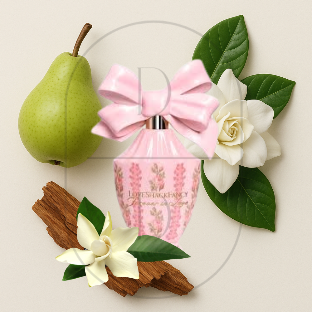 Forever in Love by LoveShackFancy perfume bottle surrounded by top, middle, and bottom fragrance notes on a light background. Affordable samples delivered from Greenville, SC. 