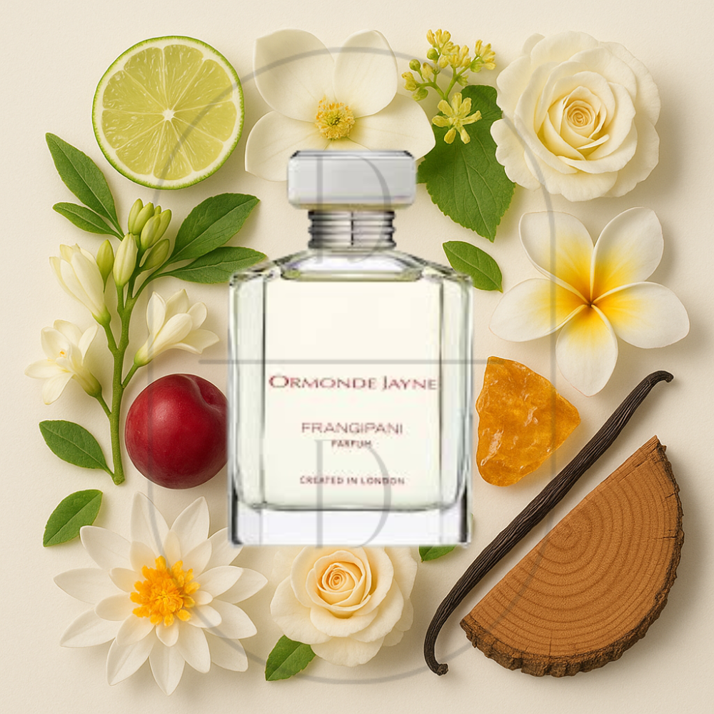 Ormonde Jayne Frangipani perfume bottle surrounded by top, middle, and bottom fragrance notes on a light background. Affordable samples delivered from Greenville, SC. 