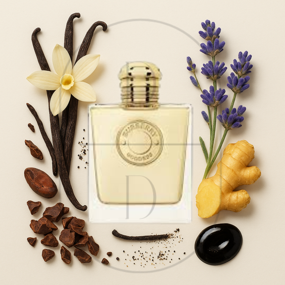 Goddess by Burberry perfume bottle surrounded by top, middle, and bottom fragrance notes on a light background. Affordable samples delivered from Greenville, SC. 
