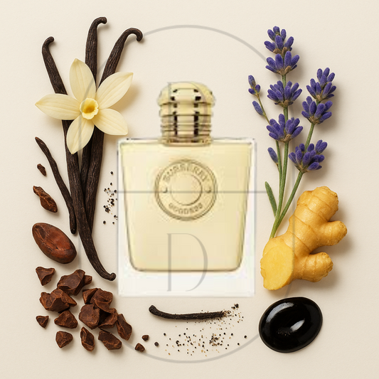 Goddess by Burberry perfume bottle surrounded by top, middle, and bottom fragrance notes on a light background. Affordable samples delivered from Greenville, SC. 