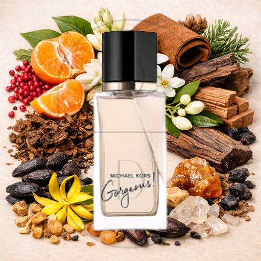 Michael Kors Gorgeous! perfume bottle surrounded by top, middle, and bottom fragrance notes on a light background. Affordable samples delivered from Greenville, SC. 