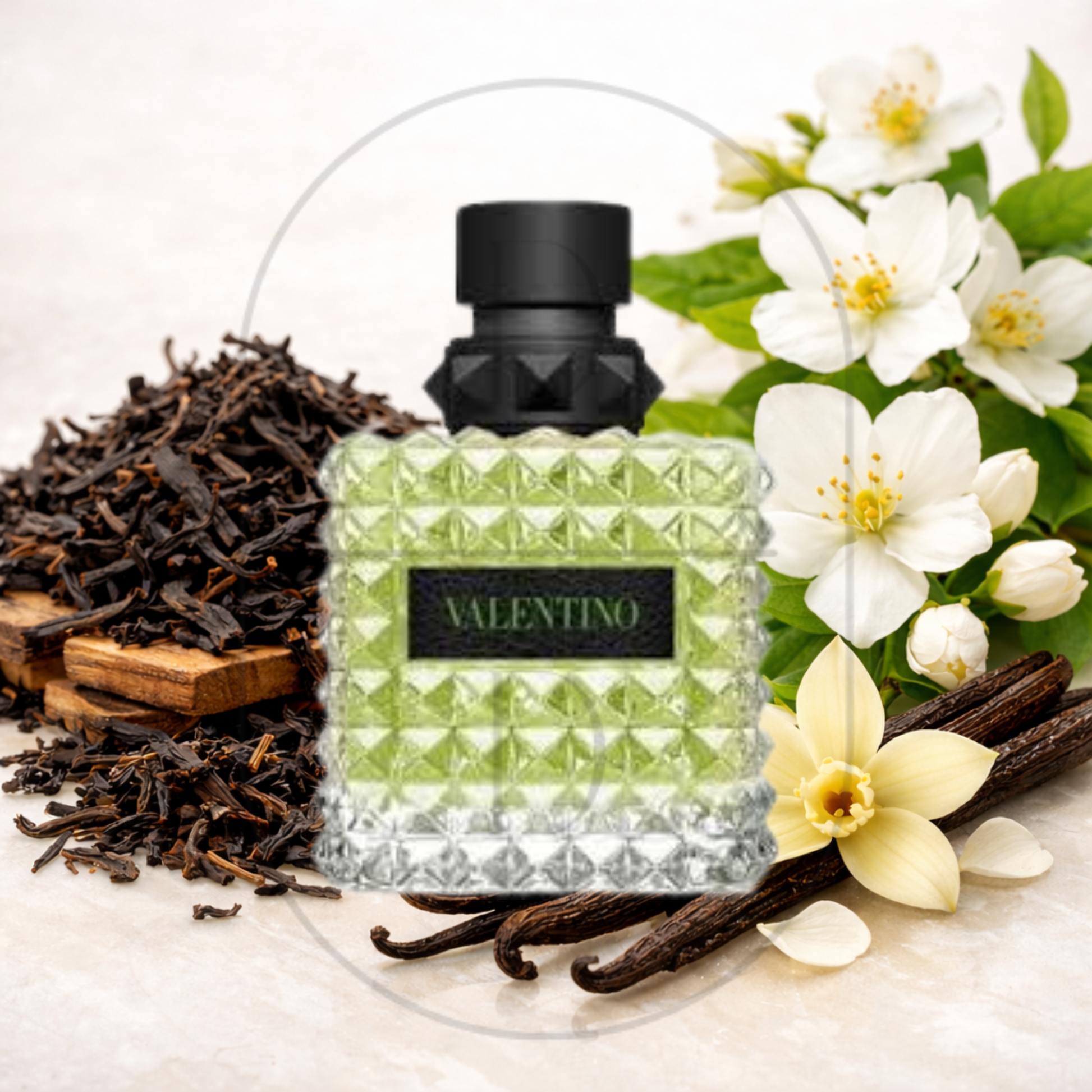 Valentino Donna Born in Roma Green Stravaganza perfume bottle surrounded by top, middle, and bottom fragrance notes on a light background. Affordable samples delivered from Greenville, SC. 