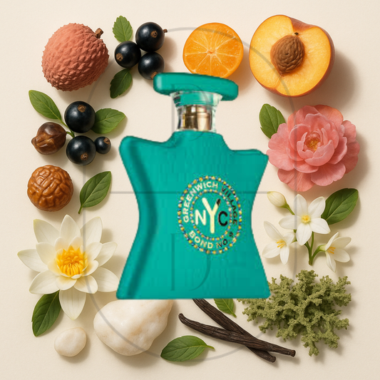 Bond No. 9 New York Greenwich Village perfume bottle surrounded by top, middle, and bottom fragrance notes on a light background. Affordable samples delivered from Greenville, SC. 