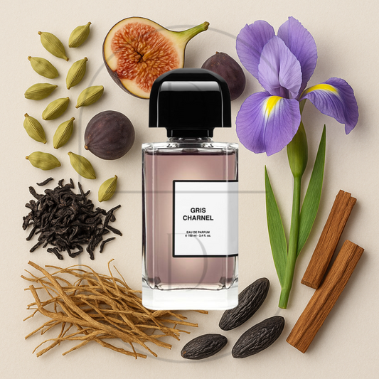 BDK Gris Charnel perfume bottle surrounded by top, middle, and bottom fragrance notes on a light background. Affordable samples delivered from Greenville, SC. 