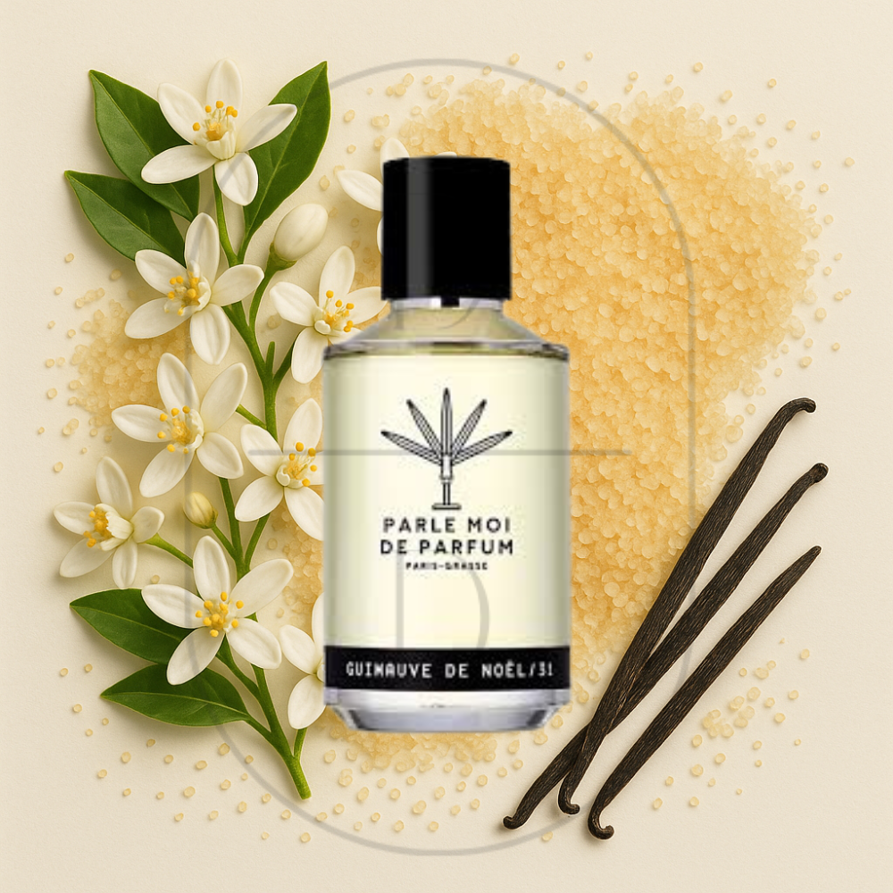 Guimauve de Nöel 31 by Parle Moi de Parfum perfume bottle surrounded by top, middle, and bottom fragrance notes on a light background. Affordable samples delivered from Greenville, SC. 