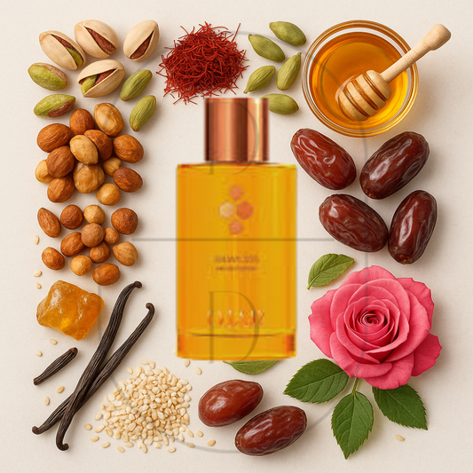 Halwa Kiss by OJAR perfume bottle surrounded by top, middle, and bottom fragrance notes on a light background. Affordable samples delivered from Greenville, SC. 