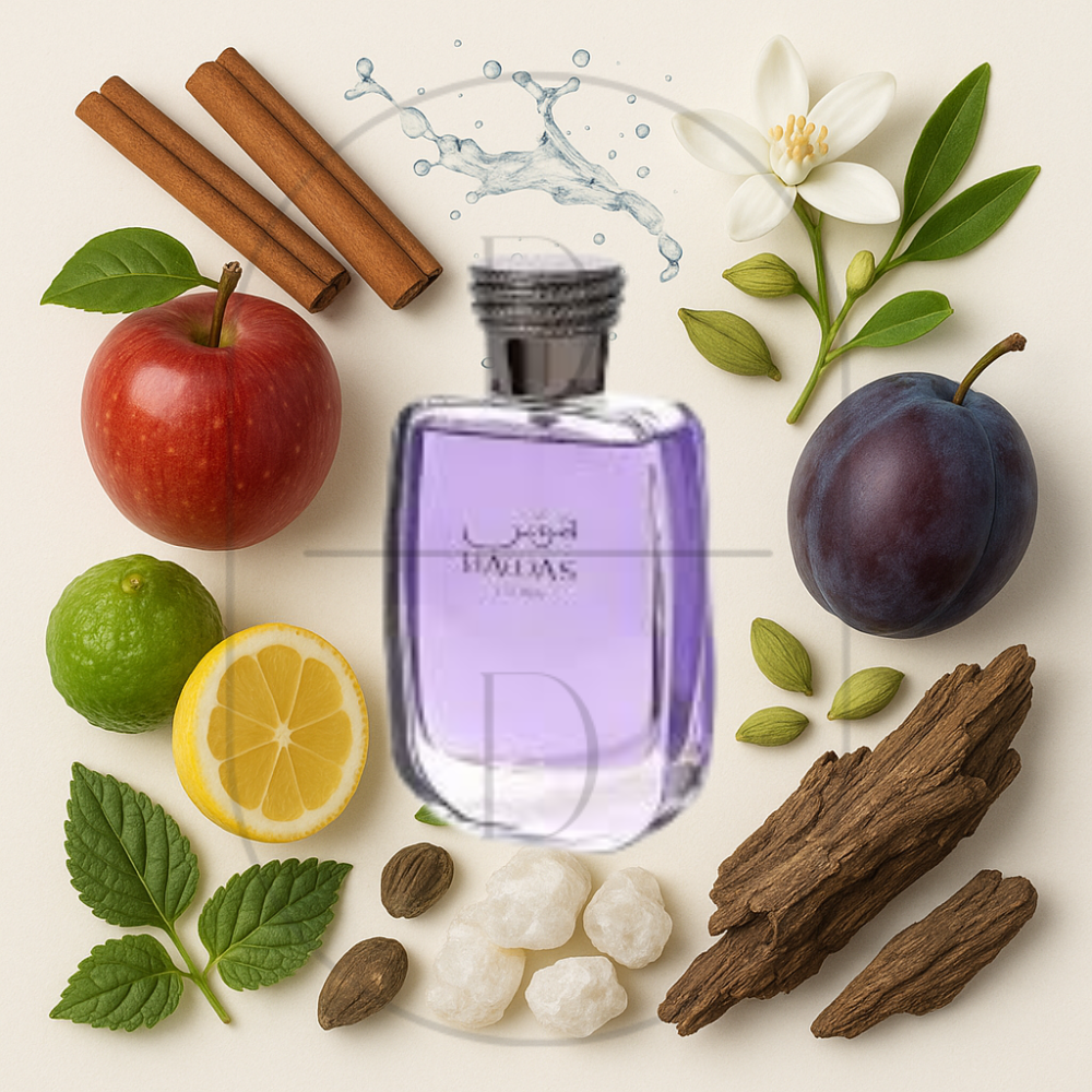 Rasasi Hawas For Him perfume bottle surrounded by top, middle, and bottom fragrance notes on a light background. Affordable samples delivered from Greenville, SC. 