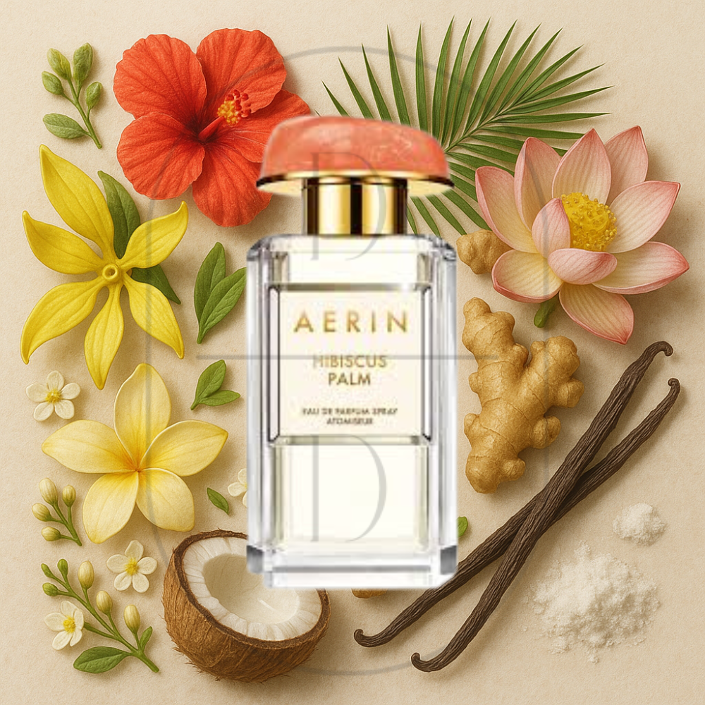 Aerin Hibiscus Palm perfume bottle surrounded by top, middle, and bottom fragrance notes on a light background. Affordable samples delivered from Greenville, SC. 