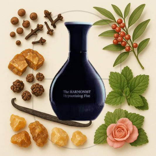 The Harmonist Hypnotizing Fire edp perfume bottle surrounded by top, middle, and bottom fragrance notes on a light background. Affordable samples delivered from Greenville, SC. 