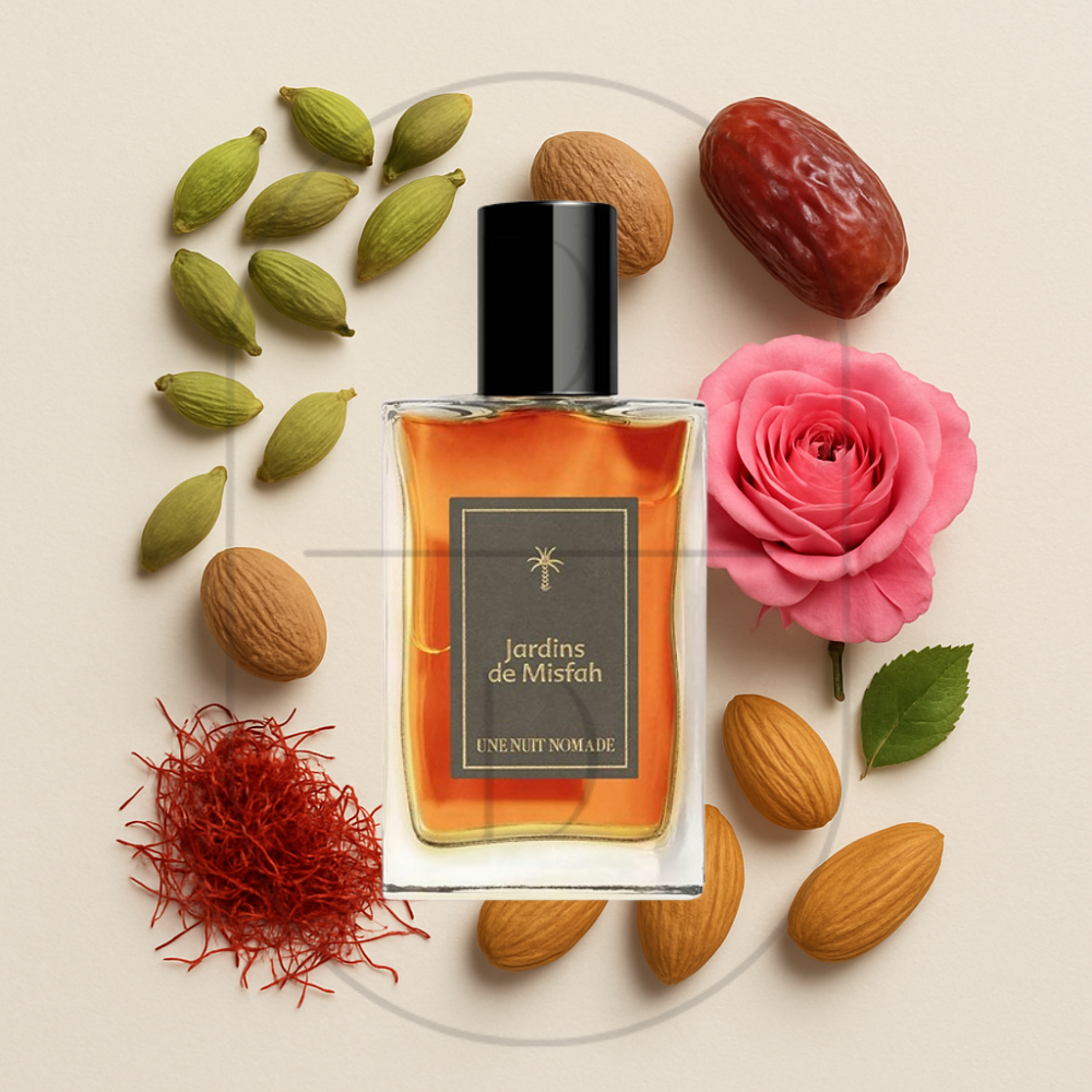 Une Nuit Nomade / Une Nuit A Oman Jardins de Misfah perfume bottle surrounded by top, middle, and bottom fragrance notes on a light background. Affordable samples delivered from Greenville, SC. 