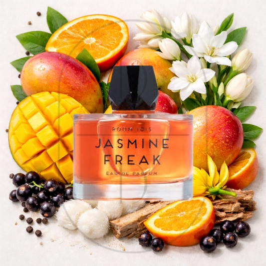 Room 1015 Jasmine Freak perfume bottle surrounded by top, middle, and bottom fragrance notes on a light background. Affordable samples delivered from Greenville, SC. 