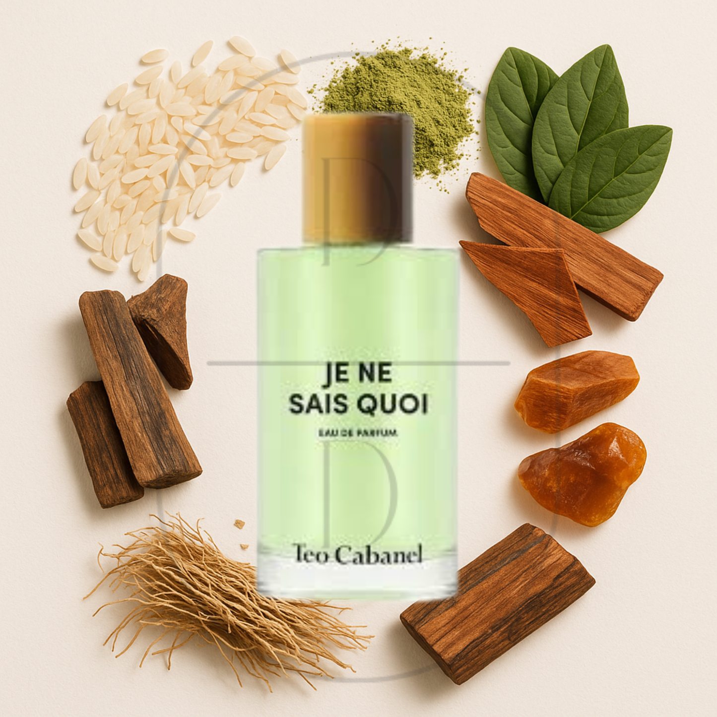 Teo Cabanel Je Ne Sais Quoi perfume bottle surrounded by top, middle, and bottom fragrance notes on a light background. Affordable samples delivered from Greenville, SC. 