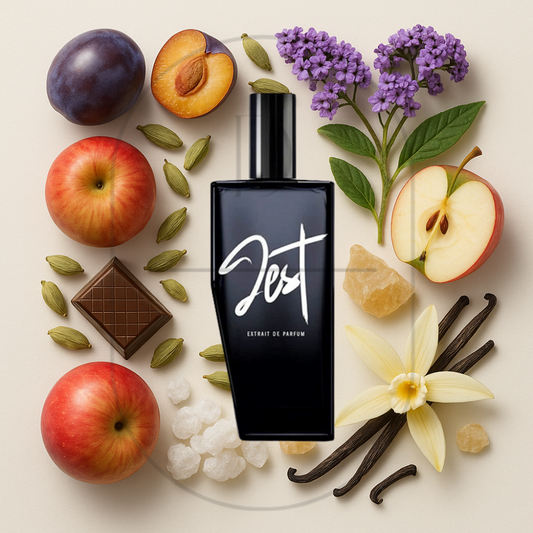 Andrea Maack Jest perfume bottle surrounded by top, middle, and bottom fragrance notes on a light background. Affordable samples delivered from Greenville, SC. 