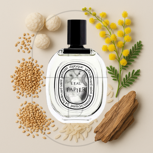 Diptyque L'Eau Papier perfume bottle surrounded by top, middle, and bottom fragrance notes on a light background. Affordable samples delivered from Greenville, SC. 