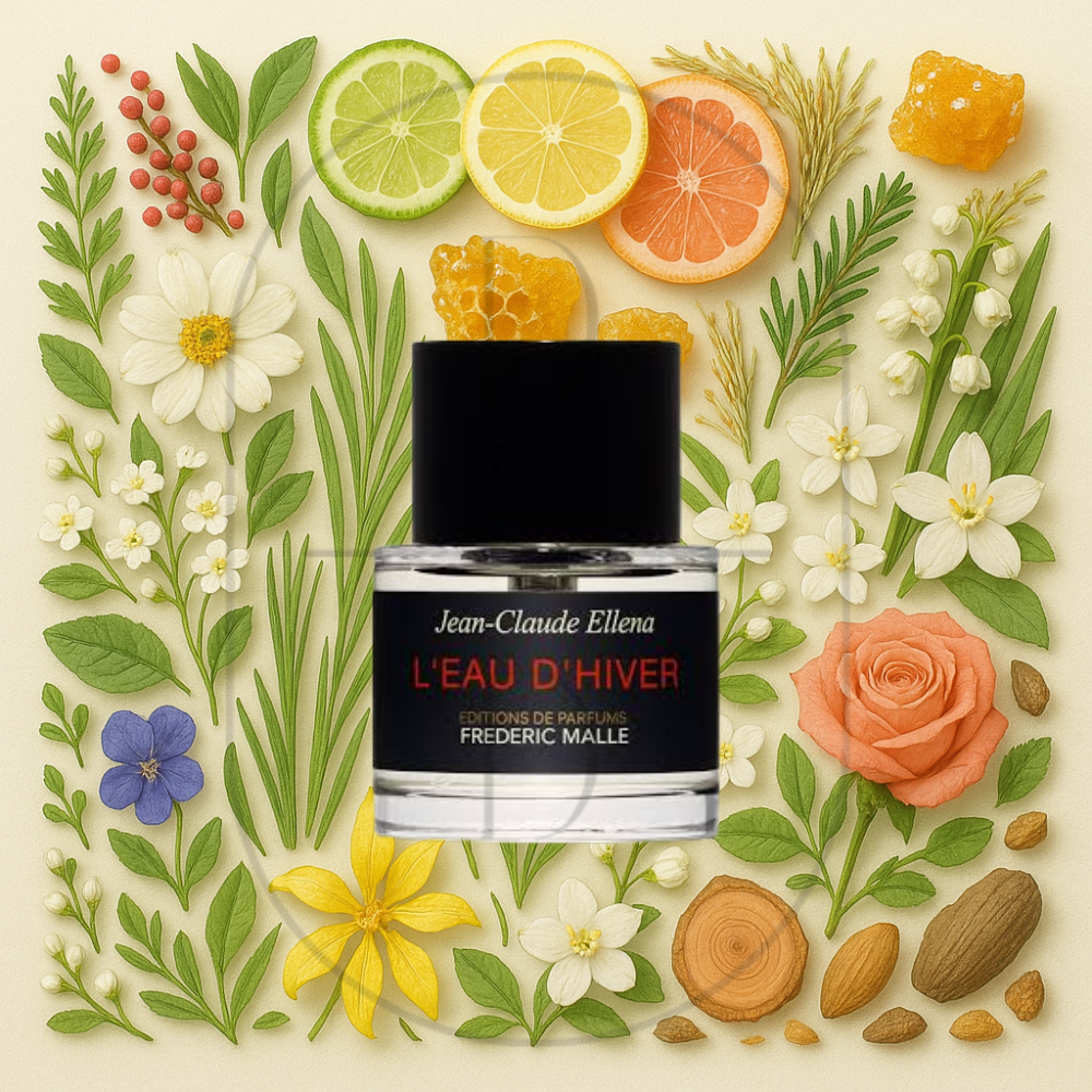 Frederic Malle L'Eau d'Hiver perfume bottle surrounded by top, middle, and bottom fragrance notes on a light background. Affordable samples delivered from Greenville, SC. 
