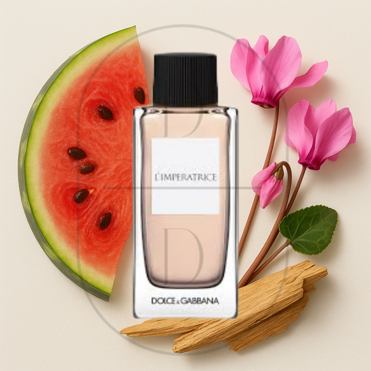 L'Imperatrice by Dolce & Gabbana perfume bottle surrounded by top, middle, and bottom fragrance notes on a light background. Affordable samples delivered from Greenville, SC. 