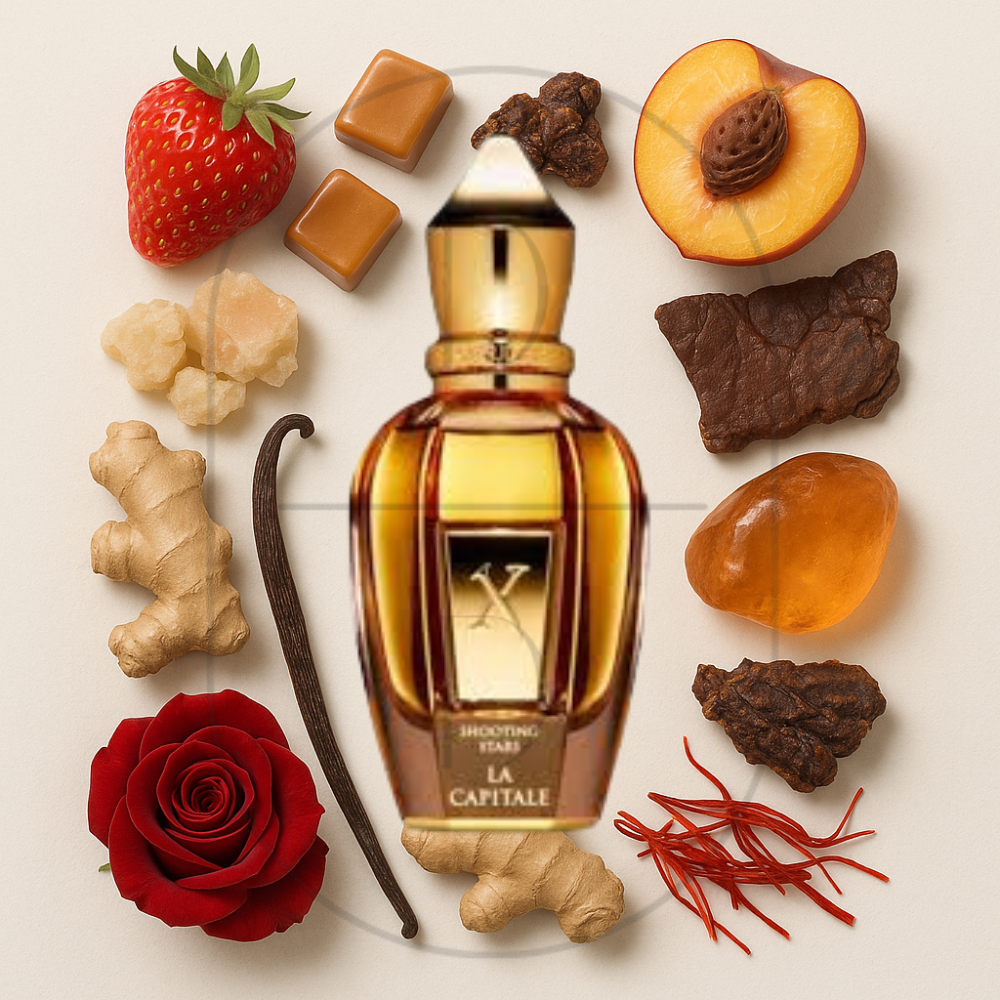 Xerjoff La Capitale perfume bottle surrounded by top, middle, and bottom fragrance notes on a light background. Affordable samples delivered from Greenville, SC. 