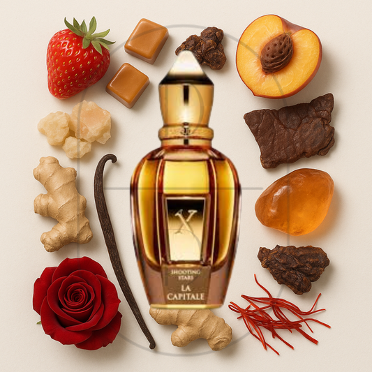 Xerjoff La Capitale perfume bottle surrounded by top, middle, and bottom fragrance notes on a light background. Affordable samples delivered from Greenville, SC. 