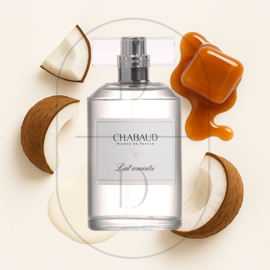 Chabaud Maison de Parfum Lait Concentré perfume bottle surrounded by top, middle, and bottom fragrance notes on a light background. Affordable samples delivered from Greenville, SC. 