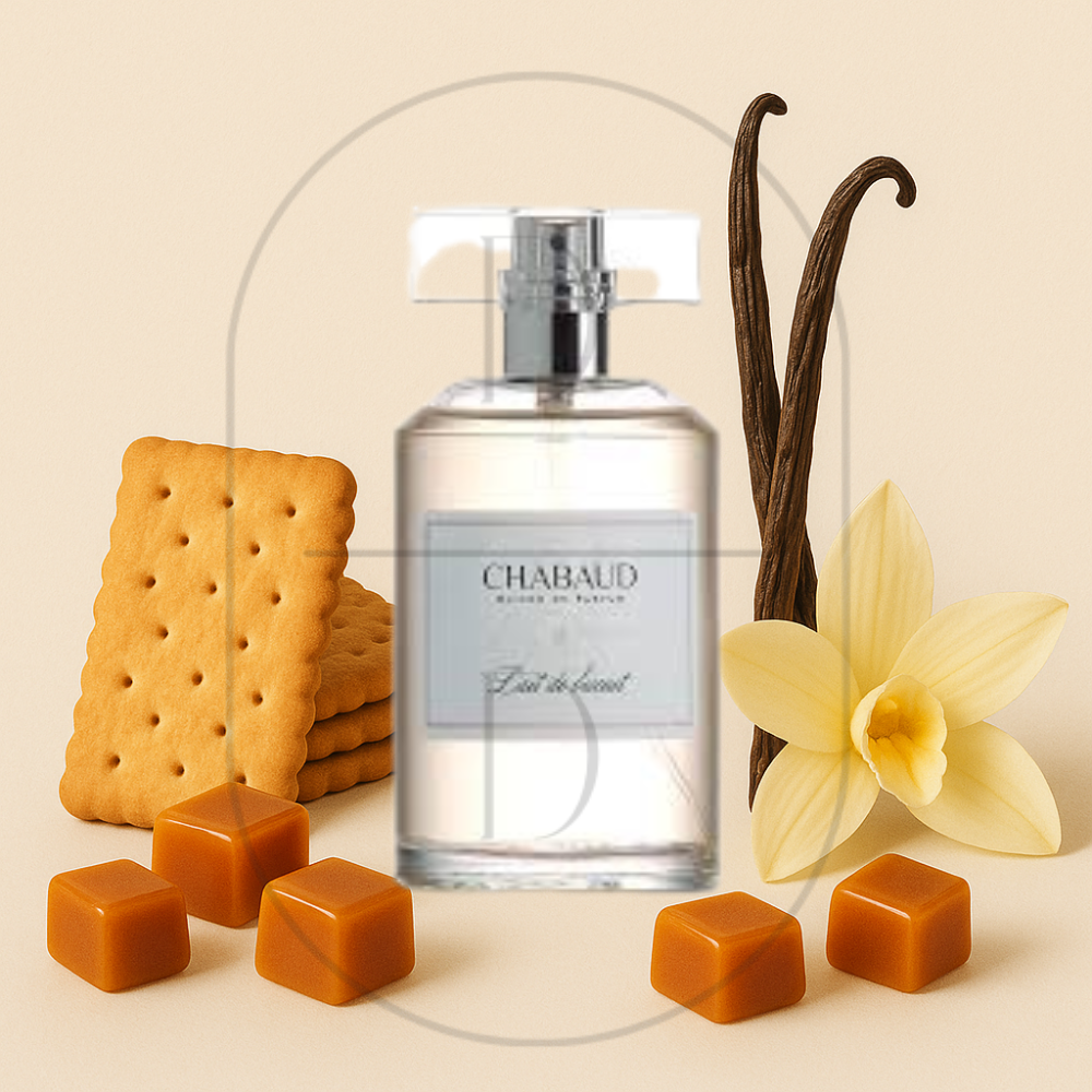 Chabaud Lait de Biscuit perfume bottle surrounded by top, middle, and bottom fragrance notes on a light background. Affordable samples delivered from Greenville, SC. 