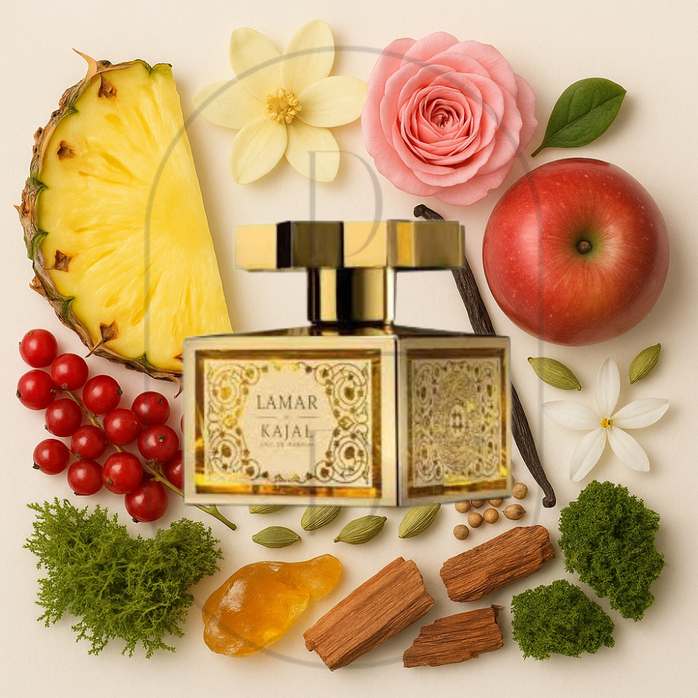 Kajal Lamar perfume bottle surrounded by top, middle, and bottom fragrance notes on a light background. Affordable samples delivered from Greenville, SC. 