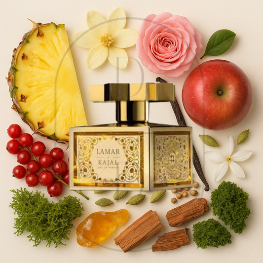 Kajal Lamar perfume bottle surrounded by top, middle, and bottom fragrance notes on a light background. Affordable samples delivered from Greenville, SC. 